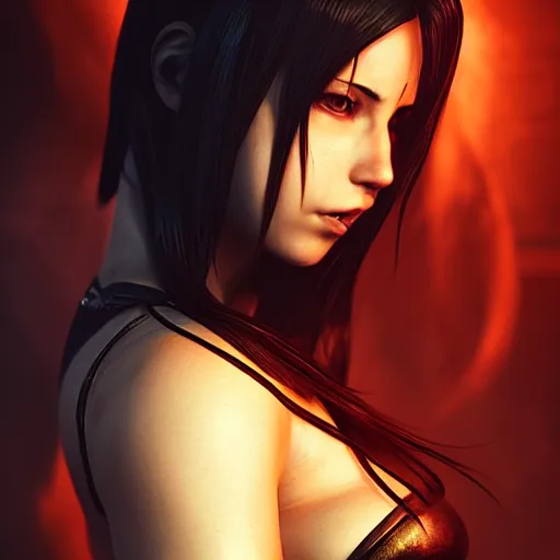 Image similar to Seductive Tifa Lockhart portrait, full frontal centred, atmospheric lighting, painted, intricate, volumetric lighting, beautiful, golden hour, sharp focus, ultra detailed, by Leesha Hannigan, Ross Tran, Thierry Doizon, Kai Carpenter,Ignacio Fernández Ríos