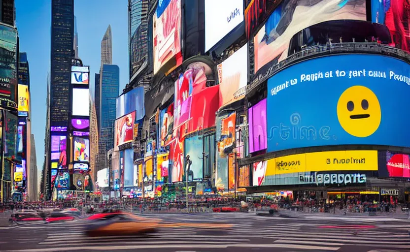 Prompt: a 2d sad emoji stock photo in Times Square, photograph