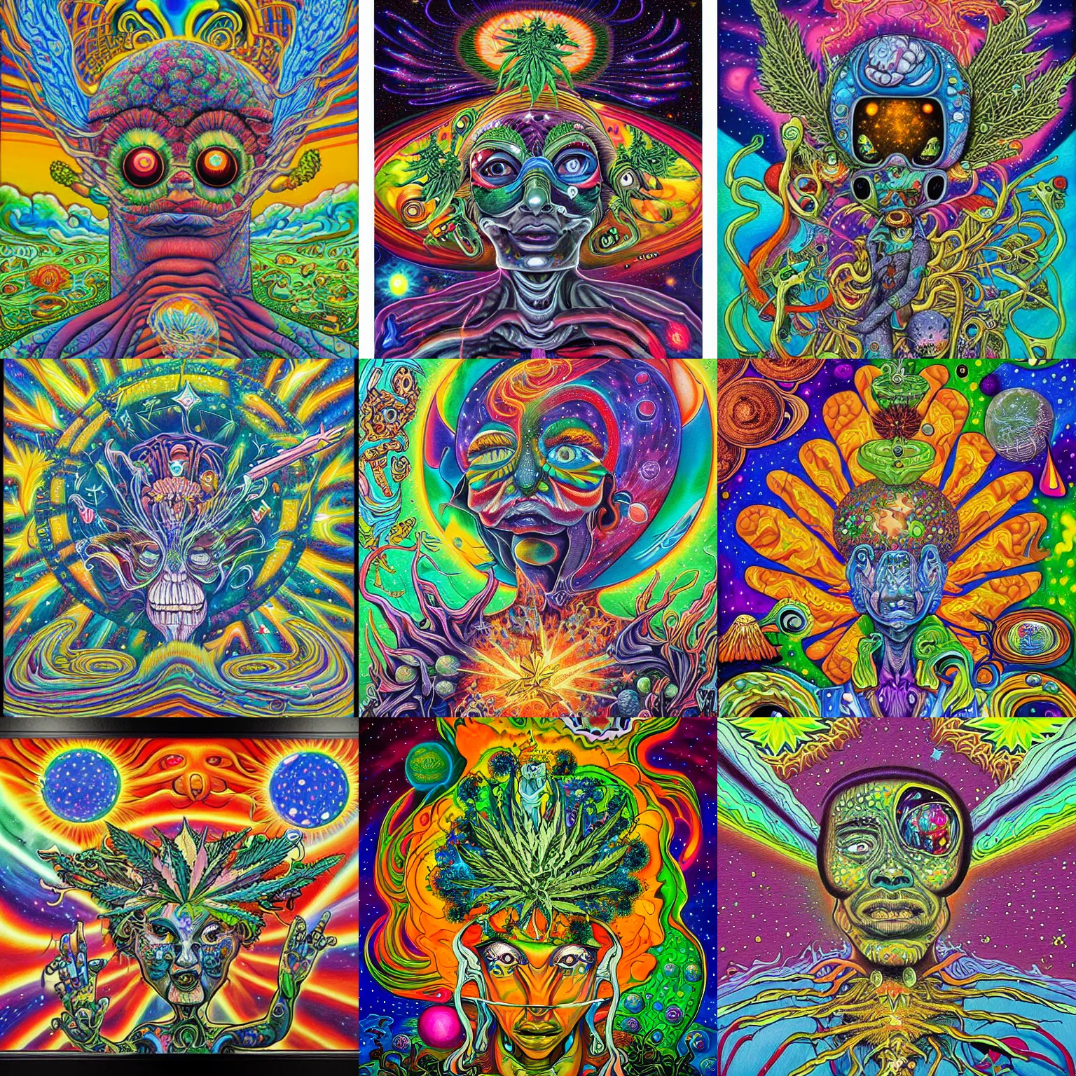 Prompt: cosmic Cannabis painting by aaron brooks, chris dyer, android jones, and alex grey