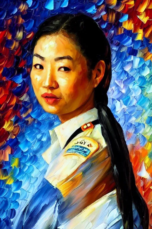 Image similar to palette knife oil painting portrait of a female asian police psychiatrist, extreme detail, style by leonid afremov and degas, artstation trending, artgerm, deviant art, octane, substance, art history 8 k