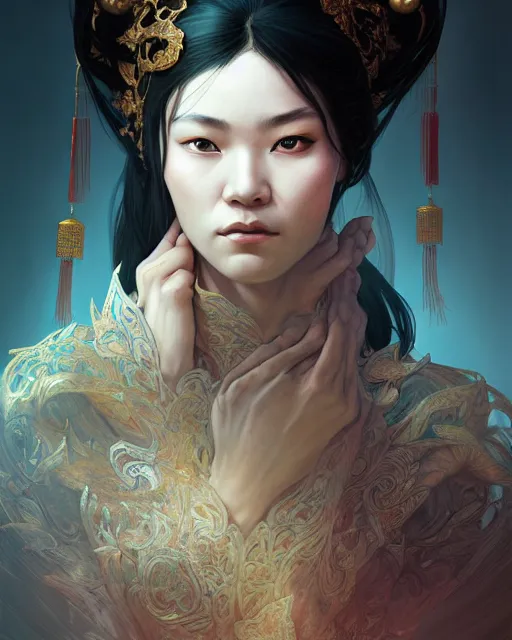 Image similar to Portrait of a female thief, chinese face features, dark fantasy, intricate, elegant, highly detailed, digital painting, artstation, concept art, smooth, sharp focus, illustration, art by Sam Youn and Fernanda Suarez and Artem Demura and alphonse mucha