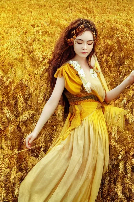 Prompt: The goddess of autumn harvest, tranquility, beautiful face, long hair, wearing wheat yellow gauze skirt, by wlop