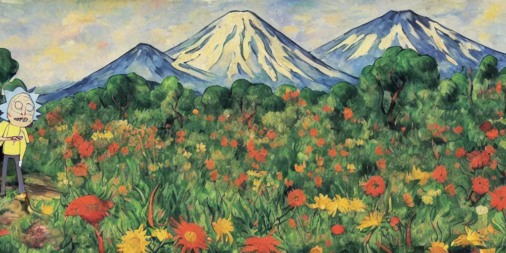 Image similar to Rick and morty in a Field of mixed flowers, Mount Fuji blurred in the background, good news on Sunday, Cézanne style,XIXth century painting with gold frame