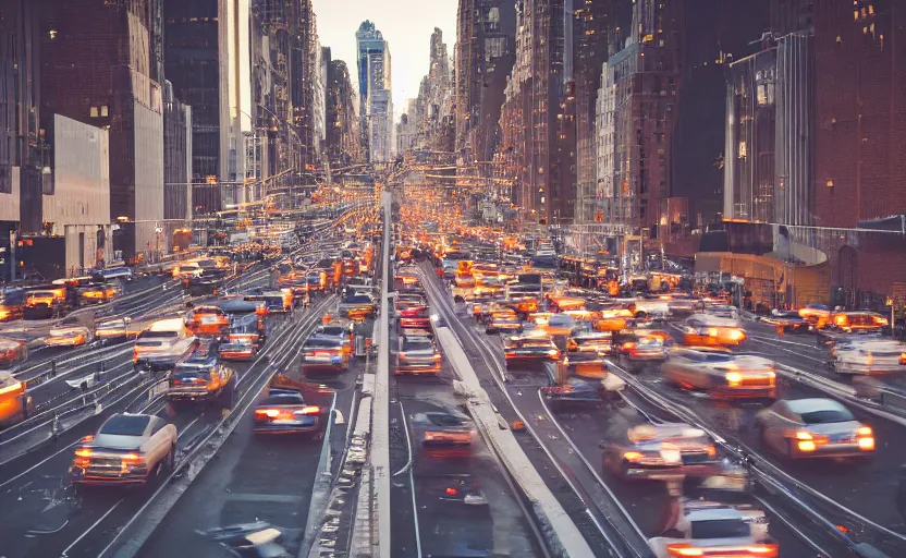 Image similar to busy nyc street , dense traffic , metro train on bridge over street, cinematic lighting, still photo