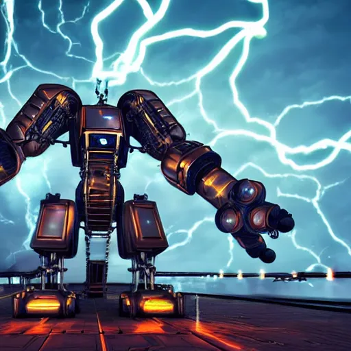 Image similar to big mech summoning lightning with its electricity coil arm, 3 d render, unity, steampunk, cyberpunk, plain background, extremely detailed, intense, epic, cinematic lighting, copper, pipes, metal, rusty, glowing electric, reflective, hdr,