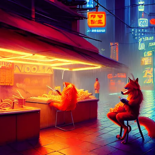 Image similar to splash art of anthropomorphic female vulpes vulpes fulva woman sitting at a noodle stand eating noodles in the crowded street of a cyberpunk city, rain, harsh neon lights, atmospheric : by weta, greg rutkowski, wlop, ilya kuvshinov, rossdraws, artgerm, octane render, liosh, mucha