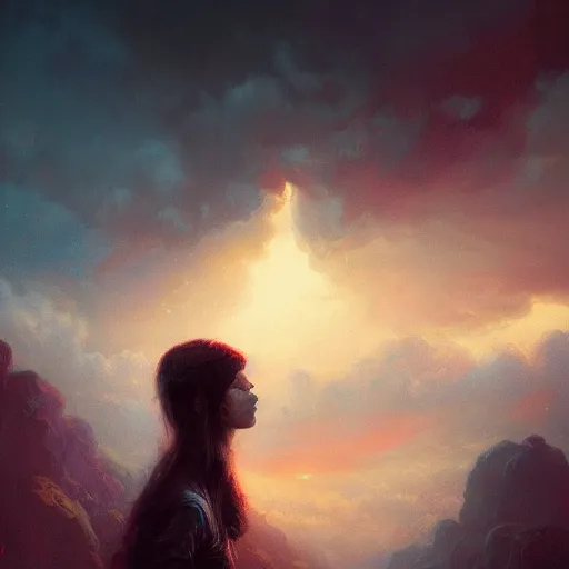 Prompt: head in the clouds. surreal art. stunning deep colors. greg rutkowski. 8 k. hdr.