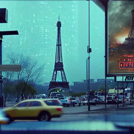 Image similar to A beautiful intricate 8K award-winning ground-level cinematic movie photograph of the future destroyed and decaying Eiffel Tower made of neon, surrounded by broken corporate video billboard displays. in the year 2050, by Bruno Delbonnel and greg rutkowski. Arri Alexa 65, IMAX 70mm footage. Dirty billboards. Cinematic lighting