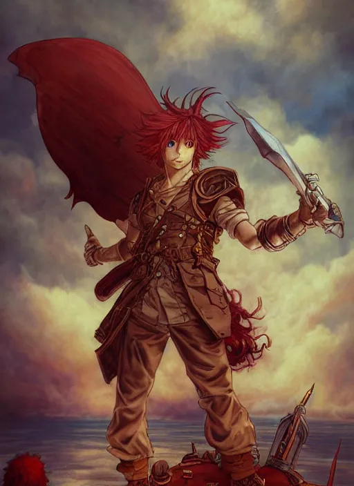 Image similar to prompt : ragnarok online portrait soft light painted by james jean and katsuhiro otomo and erik jones, inspired by akira anime, epic fantasy, a long red haired, red bearded male sky - pirate standing in front of an airship, intricate oil painting, high detail illustration, sharp high detail, manga and anime 1 9 9 9