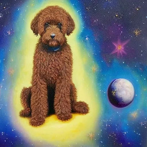 Prompt: a small black labradoodle in space depicted as god. award - winning. oil painting. cute. surreal.