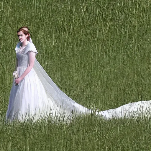 Image similar to emma watson in her wedding dress on a vast field, extremely long hair, unreal engine