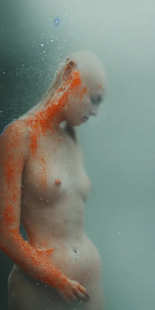 Image similar to a blurry closeup picture of woman's skin gripped tightly, female bodies, hands, dripping wet, macro photography, long exposure photograph, surrealism, anamorphic bokeh, cozy, soft light, cyan and orange, caustic, atmospheric fog, octane render, cinematic