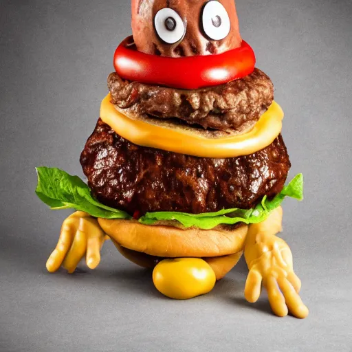 Image similar to a humanoid bipedal upright zombie that strongly resembles a hamburger, professional food photography