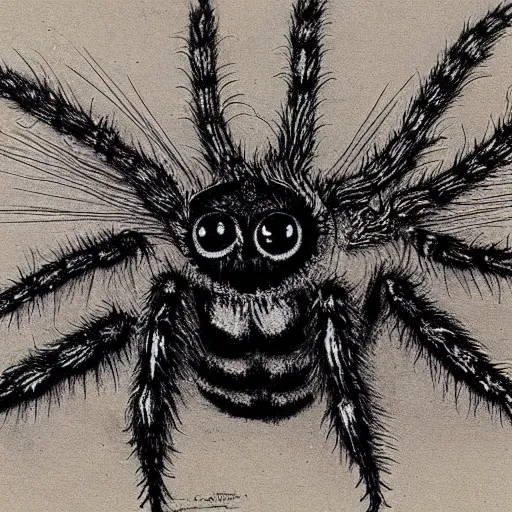 Image similar to jumping spider mixed with owl, sketch by Leonardo Da Vinci, hybrid creature, detailed