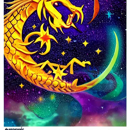 Prompt: Dragon Creepy cosmic color scheme star gazing full Dragon