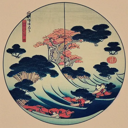 Image similar to “A carousel in the style of a woodblock print by the Japanese ukiyo-e artist Hokusai, by James jean, by yukio shimizu”