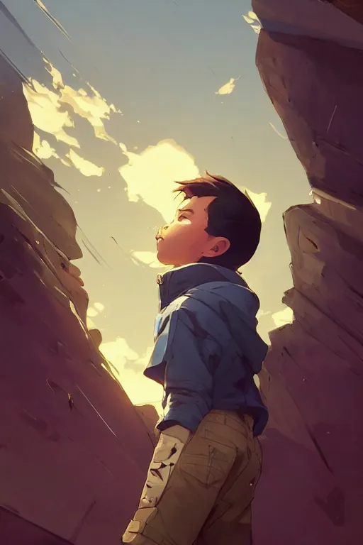 Image similar to a boy looking up into the sky seeing an anxious reflection of himself behance hd artstation by jesper ejsing, by rhads, makoto shinkai and lois van baarle, ilya kuvshinov, ossdraws, that looks like it is from borderlands and by feng zhu and loish and laurie greasley, victo ngai, andreas rocha