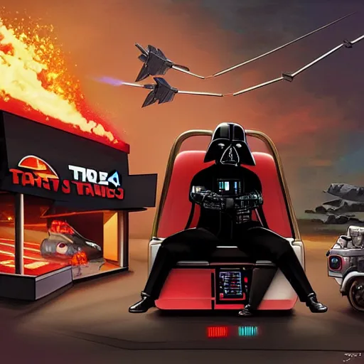 Image similar to (darth vader sits in his TIE Fighter with the window rolled down, at the taco bell drive through, getting his tacos and drink), artwork by mark brooks and Asher Brown Durand, grand master, cinematic