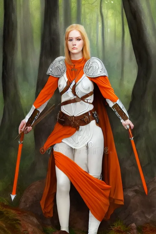 Prompt: full - body portrait of a ranger in a forest, female, white and orange breastplate, magical, high fantasy, d & d, by john collier, face details, extremely detailed, digital illustration