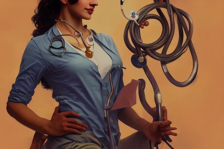 Image similar to sensual pale beautiful indian doctor in jeans with stethoscope, art deco portrait, elegant, intricate, digital painting, artstation, concept art, smooth, sharp focus, illustration, art by artgerm and greg rutkowski and alphonse mucha