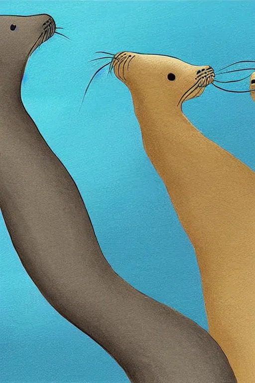 Prompt: illustration for a story that reads : sleek sea lions, with their long whiskers and flippers, are very clever, as you will see. they can use a brush to paint, just like an artist, on a piece of slate., colorful, fantasy, pixar, childrens book cover, high detail illustration, sharp high detail, manga and anime ( 5 )