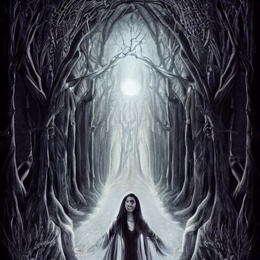 Image similar to the legend of boggey creek meets dracula and the curse of f la llorona alex grey in yggdrasil, white, night, 4 k, ultrarealistic by john stephens in high resolution another day of life