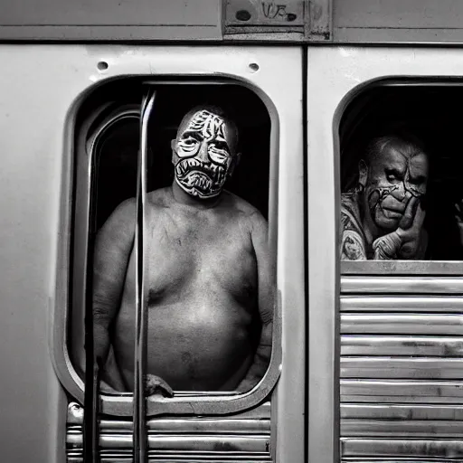 Image similar to photograph of a maori man with face tattoos sitting inside of a train carriage