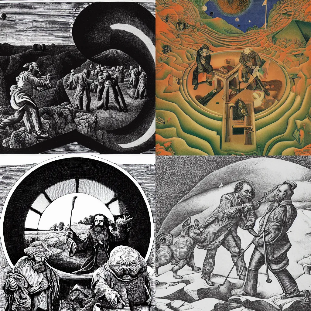 Prompt: jesus сhrist, karl marx and giant rabbit playing golf on planet surface by escher, printmaking, detailed, intricate, 4k resolution