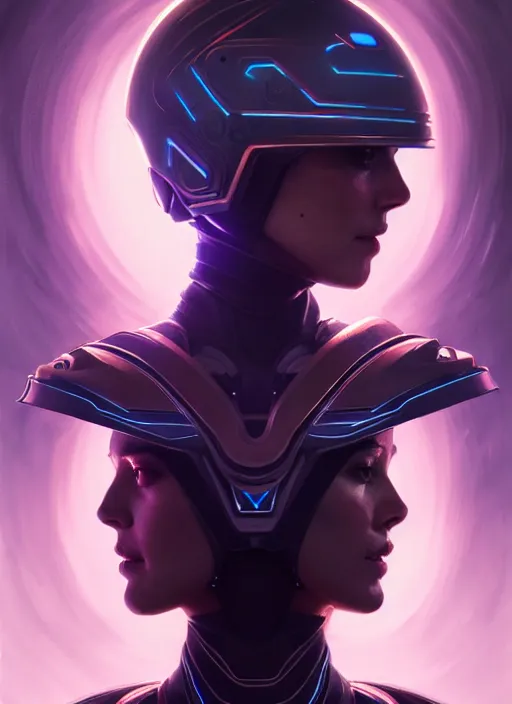 Image similar to symmetry!! portrait of side!! of a female character with helmet fantasy, sci - fi, tech wear, glowing lights!! intricate, elegant, highly detailed, digital painting, artstation, concept art, smooth, sharp focus, illustration, art by julian del rey and greg rutkowski