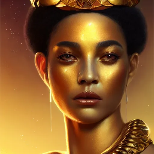 Image similar to Beautiful aesthetically pleasing regal Cleopatra portrait, face centered portrait, Confident, fog, volumetric lighting, beautiful, golden hour, sharp focus, ultra detailed, conceptartworld by Leesha Hannigan, Ross Tran, Thierry Doizon, Kai Carpenter,Ignacio Fernández Ríos