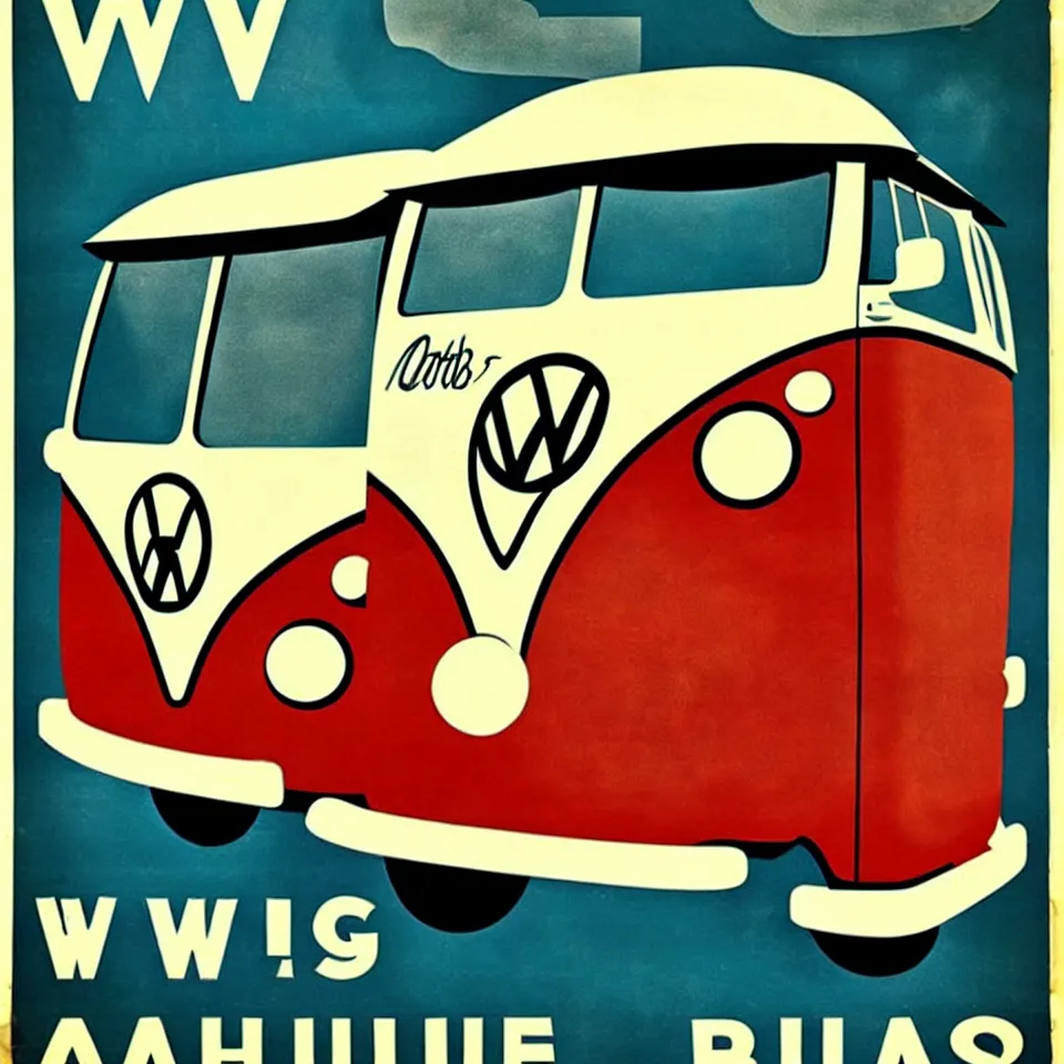 Image similar to a vintage poster of a vw bus