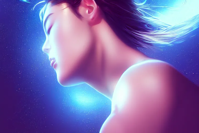 Image similar to a dreaming dreamer floating on the space, full body, occlusion shadow, specular reflection, rim light, unreal engine, octane render, artgerm, artstation, art by hiroaki samura, high quality, intricate detailed 8 k, dreamy illustration, extremely beautiful and aesthetic shape of face and body, movie poster