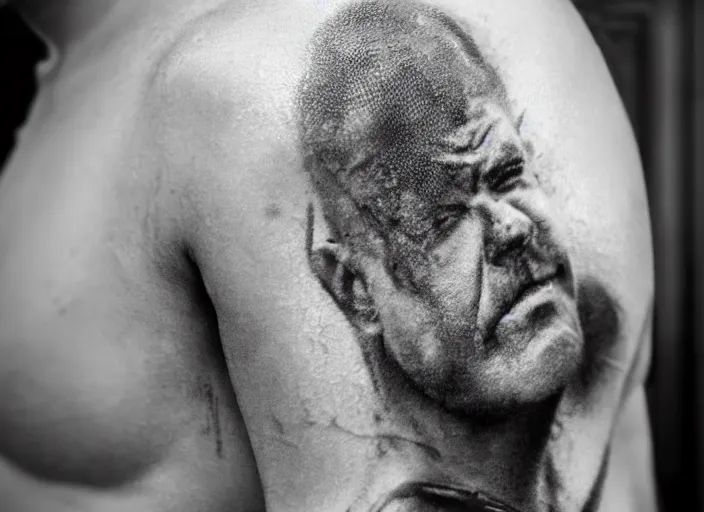 Prompt: photorealistic professional fine details black and white photo portrait of detailed russian prison tattoo, russian criminal tattoo, nakolki, русская тюремная татуировка, sergei vasiliev