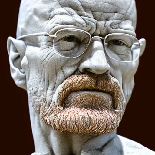 Prompt: Marble sculpture of Walter White by Michelangelo, extremely detailed, award winning statue, 8k photography, featured in National Geographic
