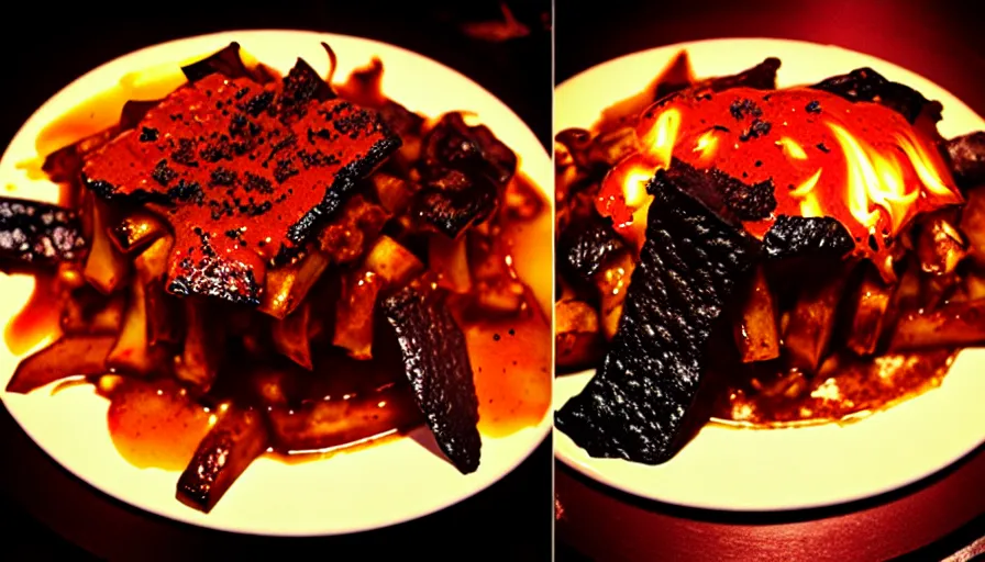 Image similar to poutine from mount doom, lava texture, fire texture, volcano texture, smoke texture, char texture