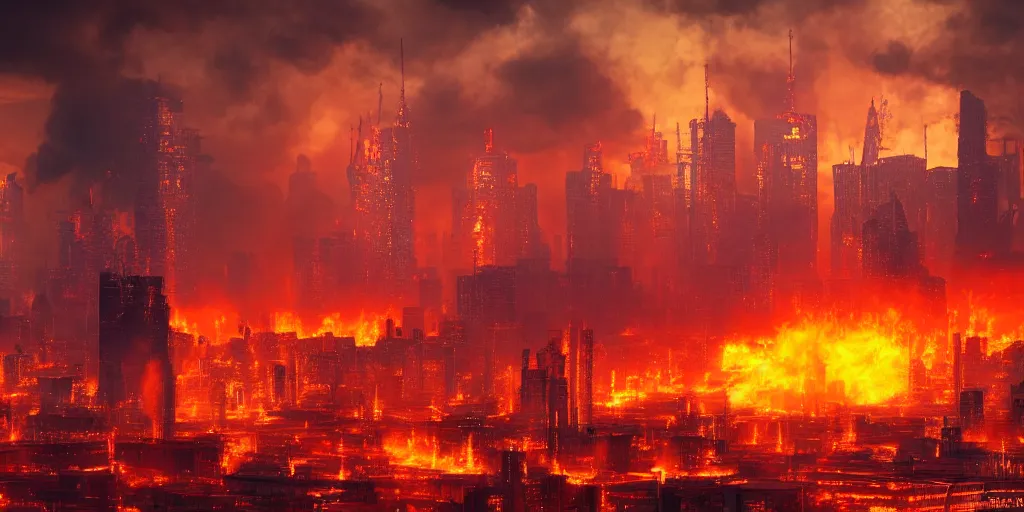 Prompt: cyberpunk moscow, burning houses, demons, evacuation of the city, red horizon, fire on the background