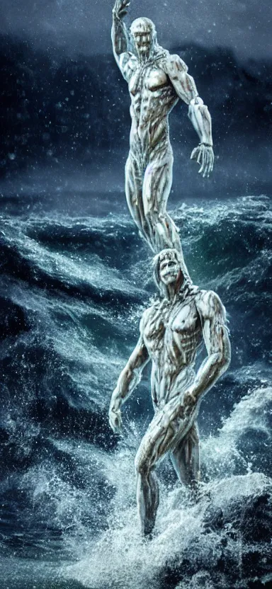 Prompt: humanoid colossus made of water, made of liquid, rising up from ocean, water armor, high detail, high contrast, close up portrait, studio lighting, stormy seas, beautiful, bokeh, snowy, storm clouds, god rays, d & d, fantasy, elegant, aquamarine color palette, concept art, roger deakins and greg rutkowski and alphonse mucha