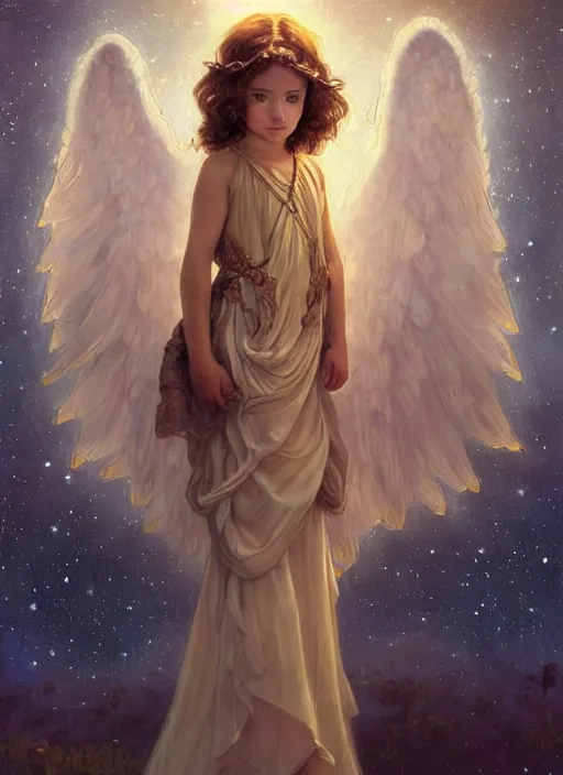 Image similar to A cute little girl with shoulder length curly brown hair and angel wings. She is standing in a field at night looking up and the sky is filled with constellations. The picture has an ornate frame. beautiful fantasy art by By Artgerm and Greg Rutkowski and Alphonse Mucha, trending on artstation.