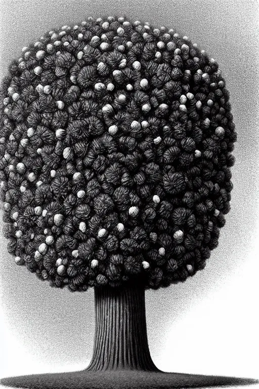 Image similar to a pompom tree with a very very very very tall!! trunk, viewed from below, ant perspective, digital illustration by chris van allsburg and artgerm, surreal, photorealistic