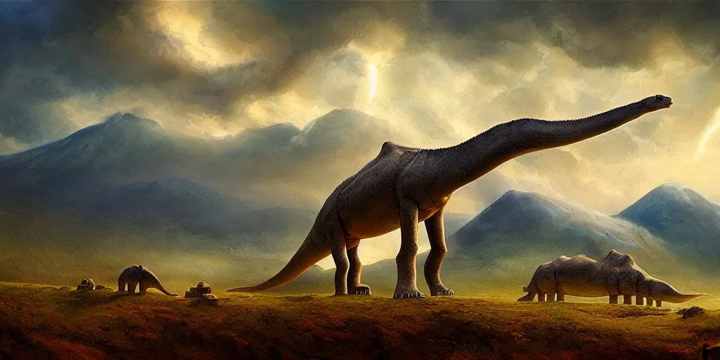 Image similar to a mystical mountain shaped as a diplodocus, clouds, digital illustration, james gurney, cinematic lighting, detailed, mysterious,