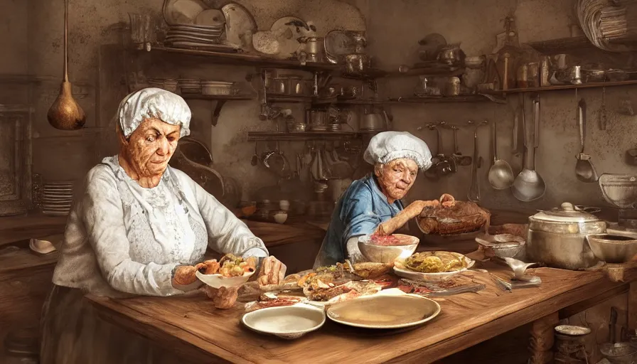 Image similar to old russian lady cooking in her old 1 9 0 0's kitchen, old house, old wooden table, pan and plates, hyperdetailed, artstation, cgsociety, 8 k