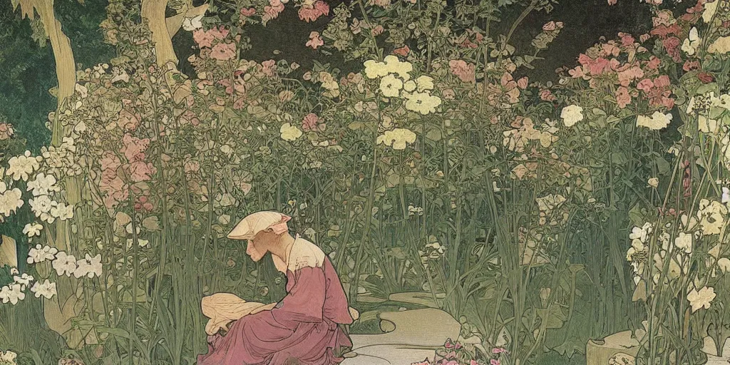 Prompt: a painting of a beautiful garden, isometric view, painted by alphonse mucha and hieronymus bosch and hasui kawase, dramatic lighting, vivid colours.