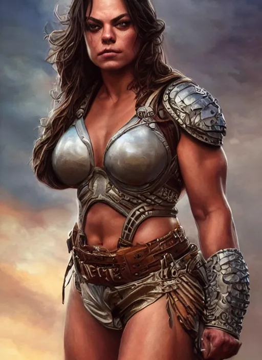 brown-okapi126: photo of female warrior(Jessica Alba Look Glamour hot)(28  years old) in skimpy metallic armor, detailed face, look beautiful, wear,  warrior metal suit, look like warrior, full body view, belly show, belly