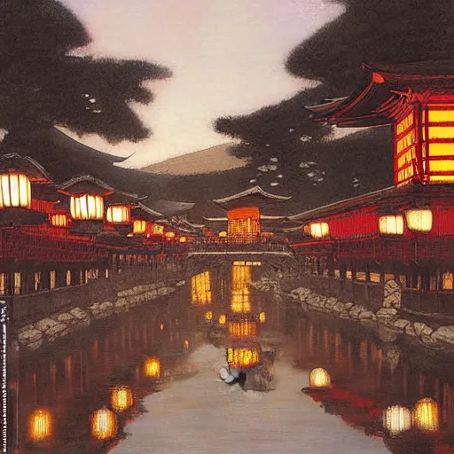 Prompt: a beautiful painting of the lantern festival in old kyoto, by james gurney, donato giancola, and john williams waterhouse