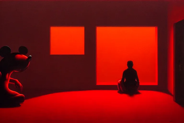 Image similar to only with red, netflix studios with workers, a big mickey mouse head in the middle of the room, in the style of beksinski, parts by edward hopper, parts by rodcenko, parts by yue minjun, intricate and epic composition, red by caravaggio, insanely quality, highly detailed, masterpiece, red light, artstation, 4 k