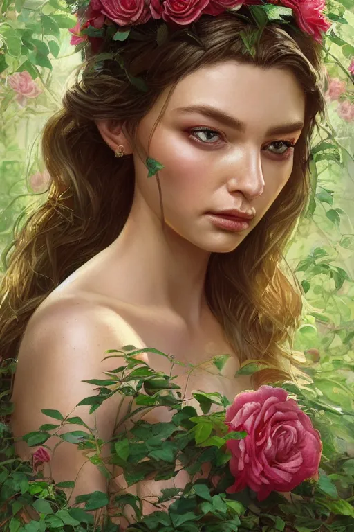 Prompt: beautiful woman in the middle of a lush garden with roses in her hair and an intricate gown, highly detailed, close - up portrait, artstation, art by artgerm and greg rutkowski,