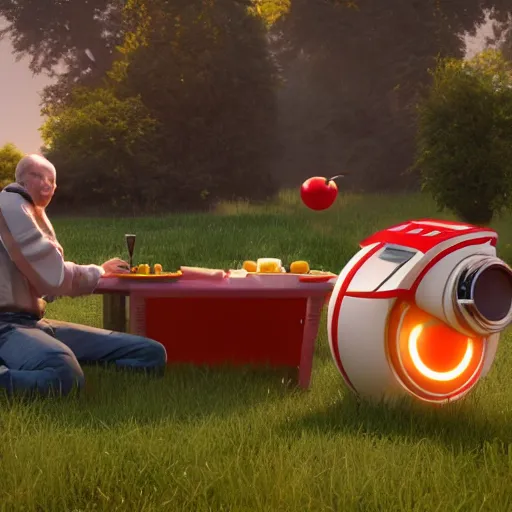 Image similar to a hyperrealistic octane render of max from flight of the navigator and hal 9 0 0 0 having a picnic, unreal engine, 8 k, ultrarealistic, photorealism