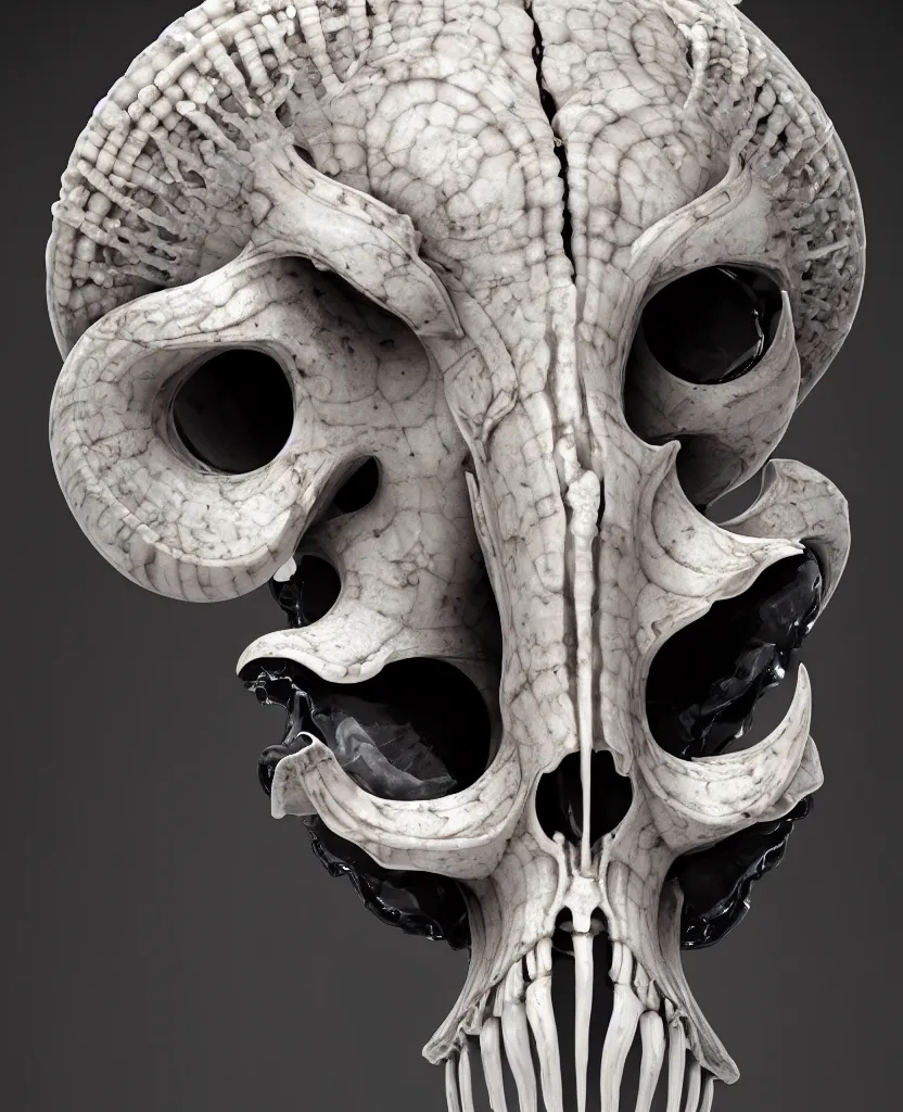 Image similar to goddess princess face close-up portrait ram skull. sculpture made of black stone. jellyfish phoenix head, nautilus, orchid, skull, betta fish, bioluminiscent creatures, intricate artwork by Tooth Wu and wlop and beeple. octane render, trending on artstation, greg rutkowski very coherent symmetrical artwork. cinematic, hyper realism, high detail, octane render, 8k