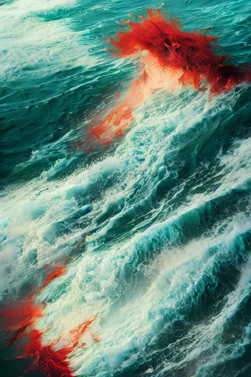 Image similar to Turbulent ocean of blood with canvas that catches liquid fire, intricate ruby, Stephen Bliss, Greg Rutkowski, Loish, Rhads, ferdinand knab, Makoto Shinkai rossdraws, concept art, art nouveau, Reylia Slaby, Peter Gric, Tom Bagshaw, global illumination, volumetric lighting, CGsociety, blood, radiant light, detailed and intricate environment