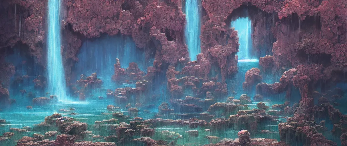 Prompt: closeup of magic water gate, iridescent shimmering pools, oasis in the desert, floating stones, cascading iridescent waterfalls, dimension of infinite space, by Beksinski, Tomas Sanchez, greg rutkowski, wlop, artgerm, andrei riabovitchev, nuri iyem, james gurney, james jean, highly detailed, soft lighting, 8k resolution, oil on canvas